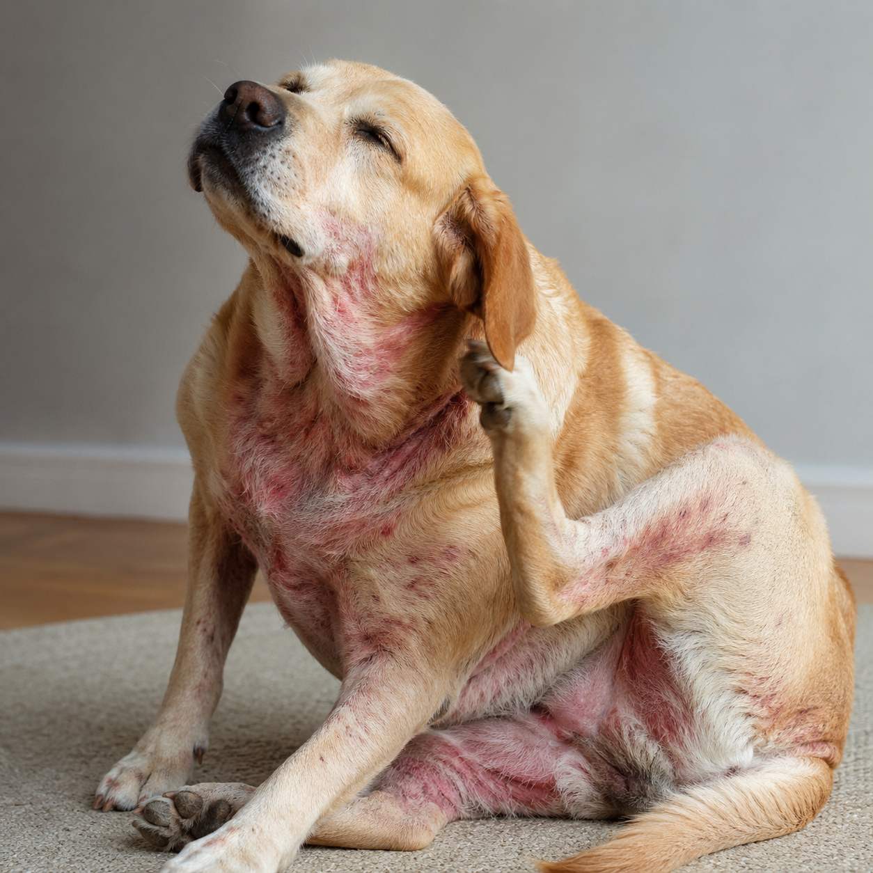 Hond met jeuk krabt zich